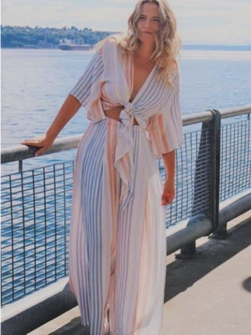 Striped Tie-Front Blouse And Pants in Pastel Blue & Peach
